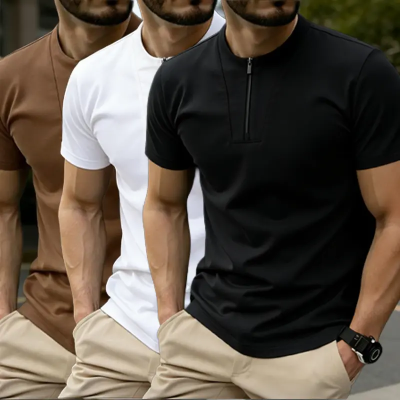 Men’s Classic Zip Polo T‑Shirt — Fashionable Casual Golf Shirt Fabric, Men’s Classic Polo Shirt, Short Sleeve breathable muscle v neck polo shirt, Top, Ribbed