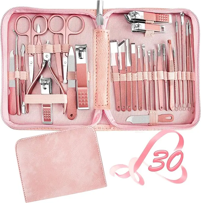 [New Deal] 30-in-1 Manicure Pedicure Tool Set - Carbon Steel Clippers, Cuticle Pink Trimmer, Glitter Nail Art Accessory, Portable Size Cost-Effective Nail Care Kit