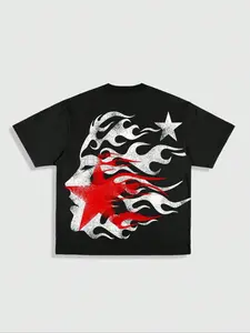 Men's Cartoon Face & Letter Print Round Neck Tee, Regular Fit Casual Short Sleeve T-shirt for Summer, Men's Top for Daily Wear