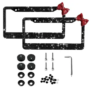 Sparkly Pink License Plate Frames (2-Pack) for Women - Stainless Steel Car Decor, Easy Install, Ideal Gift for Car Owners c