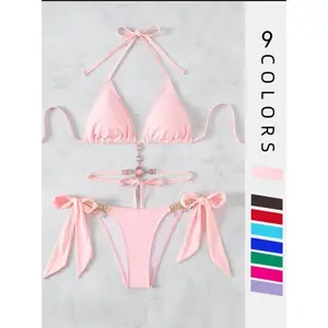 VibeFit Women's Halter Tie Back Triangle Bra & Ring Linked Panty Bikini Set, Sexy Trendy Summer Swimsuit Set, Ladies Swimwear Rave Outfits, Tie Back Bikinis