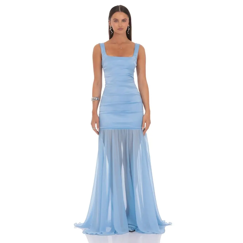 Ruched Chiffon Mermaid Maxi Dress in Light Blue