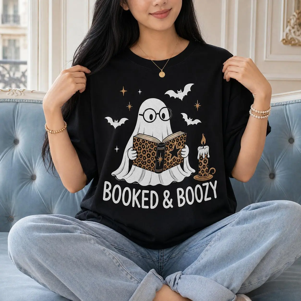 Booked and Boozy Ghost Tee for Readers Womens Halloween Book and Wine Graphic T-Shirt
