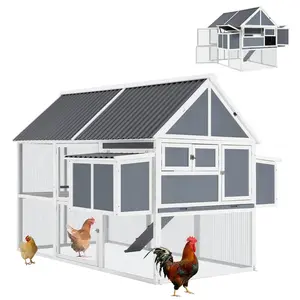 AECOJOY 84” Large Chicken Coop, Outdoor Wooden Hen House Poultry Cage for 8-10 Chickens Walk in Chicken House with Run Wire Fenced Removable TrayHutch