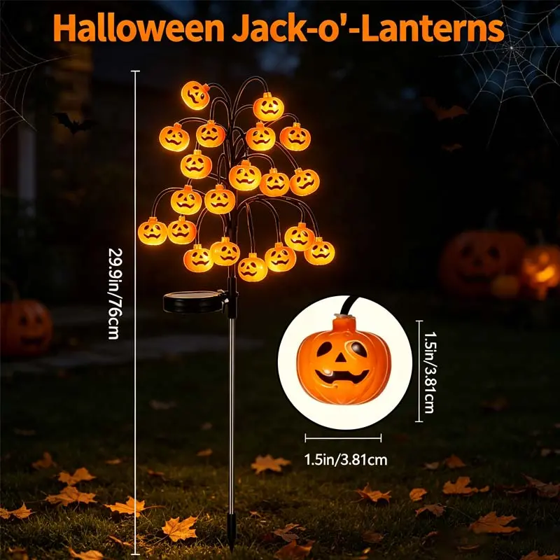 Solar Pumpkin Stake Lights Figurine, 20-Head Halloween Solar Pathway Stake Lights with 8 Lighting Modes Auto On/Off, Outdoor Lawn Garden Walkway Decor (2 Pack & 4 Pack Options), Halloween Holiday Decor