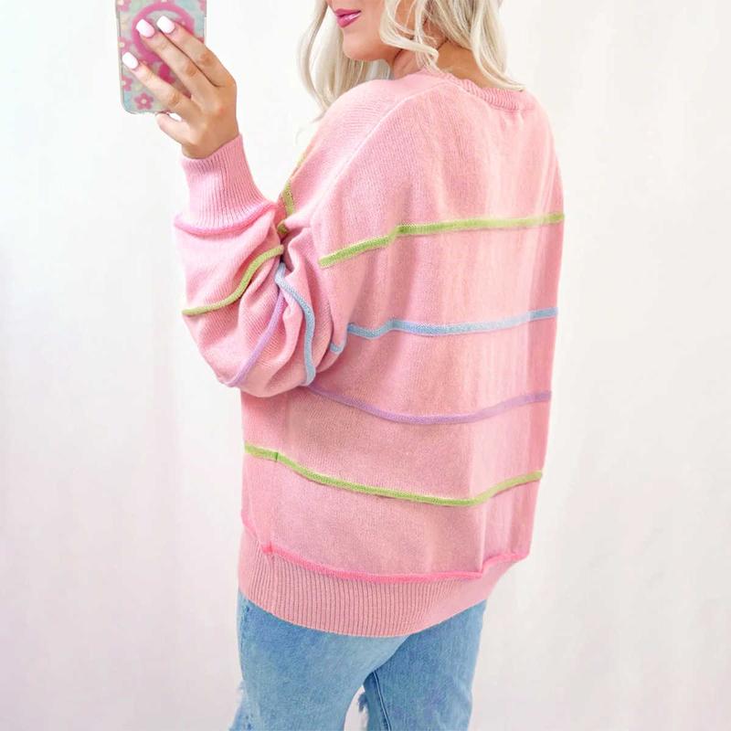 Pink Rainbow Stripes Drop Shoulder Baggy Henley Sweater