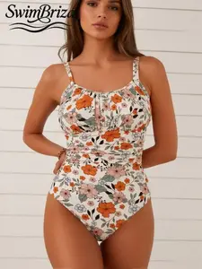 Briza｜Women's Ruched Waist Slimming White With Orange Floral Print Cami One Piece Swimsuit Suitable For Short Trips Island Getaways
