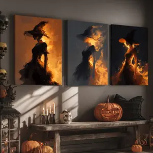 3 Counts Wooden Framed Canvas, Fantasy Light And Shadow Witch, Exquisite Witch, Halloween Home Poster, Halloween Party Decorations, Living Room And Bedroom Hanging Paintings, Horror Theme, Interesting Posters, Exquisite Gifts, High-Definition Art