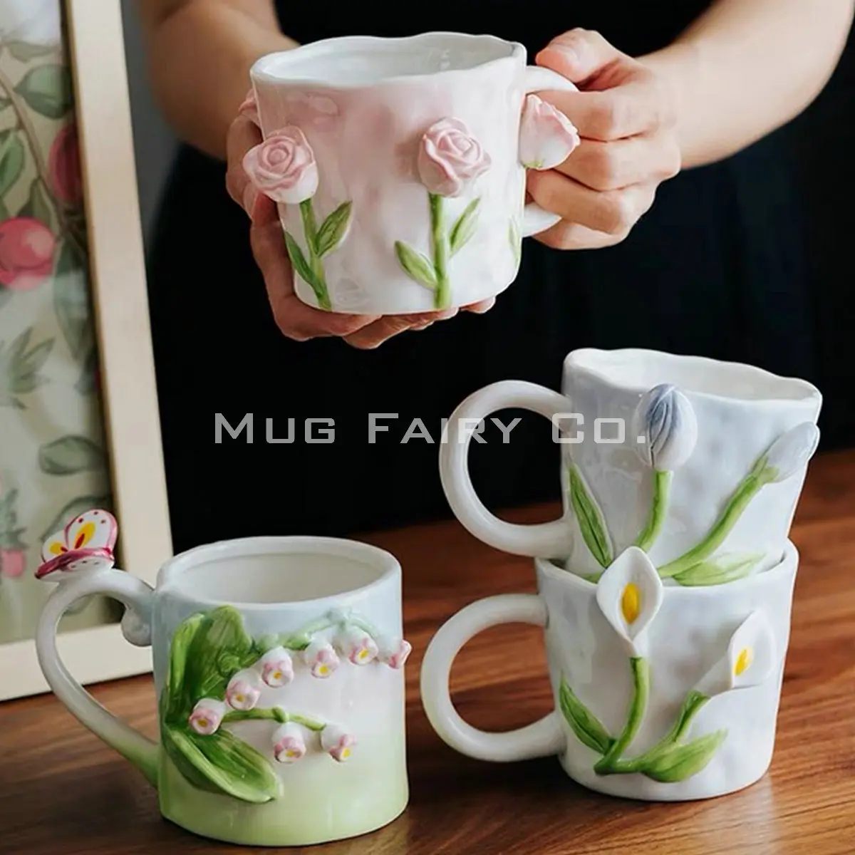 【Mug Fairy Co】 Garden Rose Sculpture Ceramic Mug