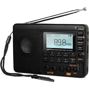 V115 Shortwave Radio, Digital Radio AM FM, Shortwave Receiver with 1000mAh Rechargeable , Presets, TF/AUX Playback and Recording, Bass Speaker, for Camping
