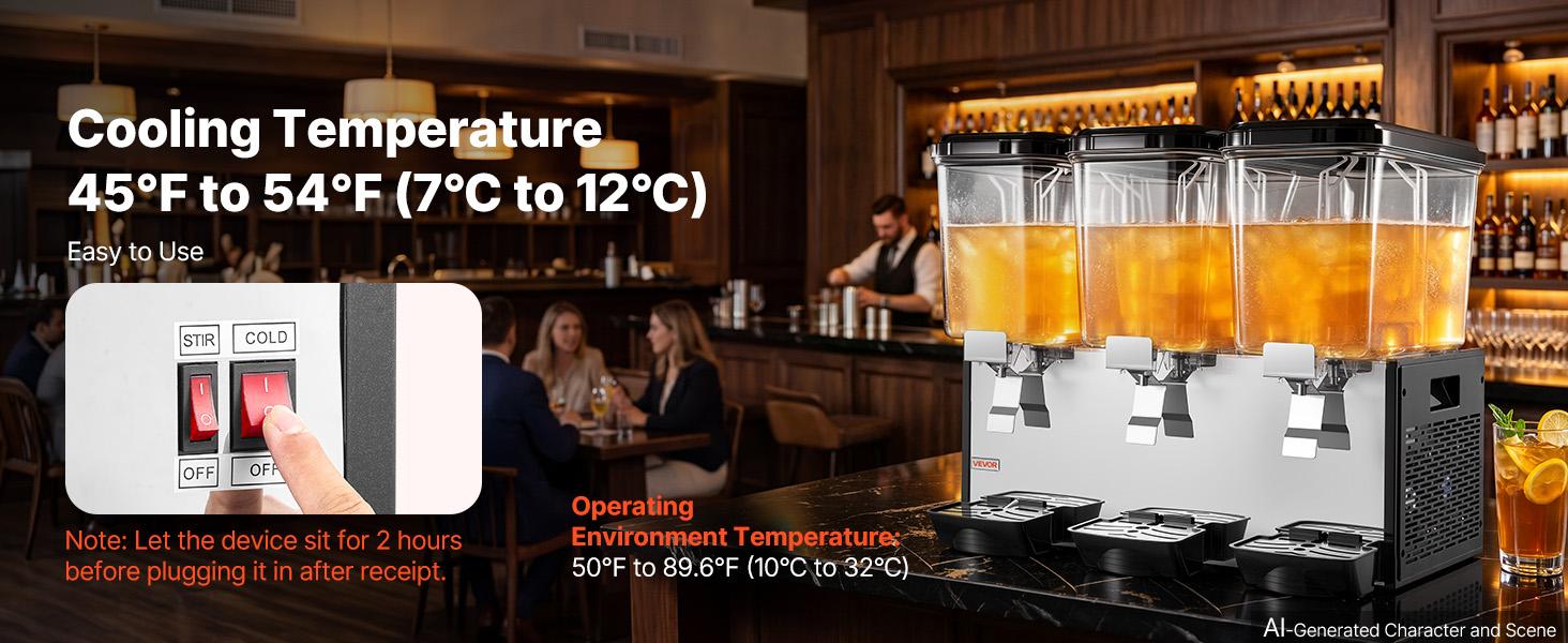 VEVOR Commercial Beverage Dispenser, 3-Tank Cooling Drink Machine with 18L/19QT Per Tank, Stainless Steel Build, 45℉-54℉ Temperature Control, Commercial Look for Restaurants, Three Tanks