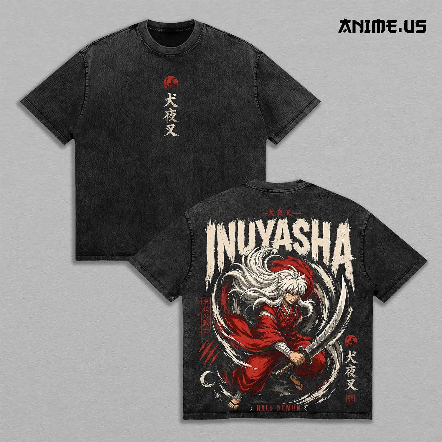 Inuyasha Tessaiga Sword Double Printed Vintage Tee, Half Demon Protector Feudal Era Anime Graphic Shirt Heavyweight Cotton Retro Streetwear