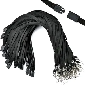 100 count Breakaway Lanyards for ID Badges, Black  Rope Classic Style with J-Hook, Flat Flat Lanyards for ID Badges, Breakaway Badge Lanyard for Company Factory Campus Business