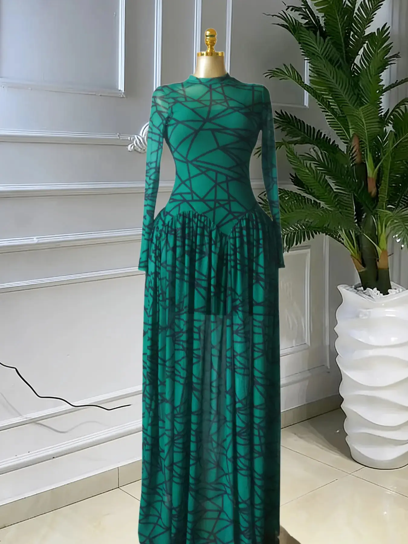 Women Elegant Long Sleeve Printed O Neck Maxi Prom Dress Evening Club Night Multi
