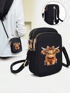 Charming Highland Cow Theme Black Casual Fashion Walking Mini Bag With Mobile Phone Cloth Bag Standing Zero Wallet，Women Cross Body Mobile Phone， Pouch Shoulder Bag， Coin Wallet,Purse,Lightweight and Odorless Polyester Travel Bag.