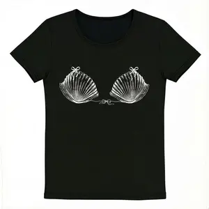 For Youself- Women's Black T-Shirt with Seashell Bikini Print, Mermaid Graphic Tee, Summer Beach Top, Y2K Festival & Rave Outfit