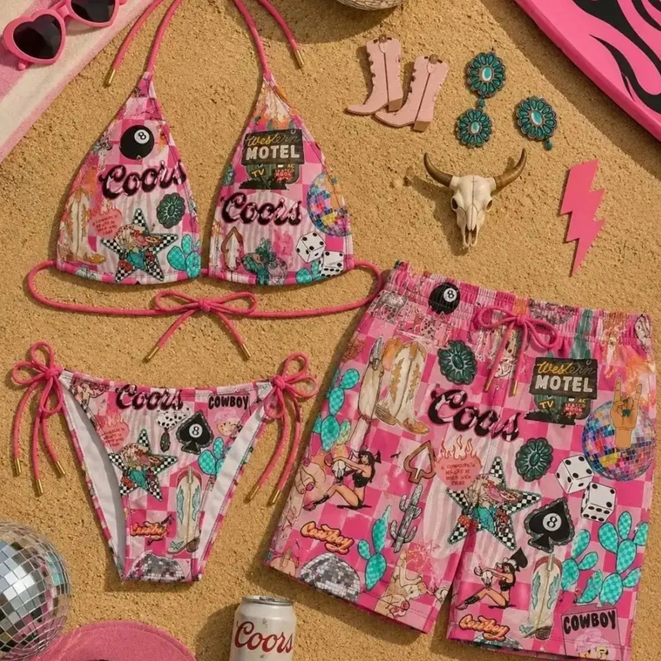 Coors Couples Swimwear Set, Matching Bikini & Men's Beach Shorts, Summer Vacation Outfit, Hawaiian Beachwear Coordinated Set, Tropical Resort Swimwear, Couple Beach Outfit