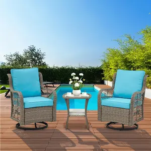GARVEE Outdoor Wicker Swivel Chair Set of 2, Swivel Wicker Glider Patio Chairs with Rattan Side Table and Thick Cushion, 3 Piece Patio Furniture Sets for Deck Porch Pool (Gray / Light Blue)