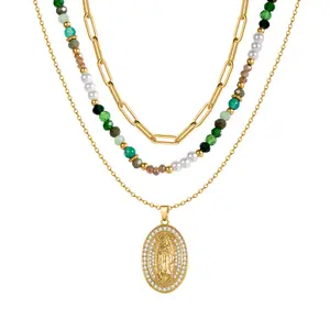 Layered Virgin Mary Necklace Multi Layer Turquoise Pearl Religious Jewelry Bohemian Paperclip Chain 18K Gold Plated Stainless Steel Western Unique Design Fade Resistant Religious Faith Summer Retro 2026 Trend Classic Anniversary Gift Daily Wear for Her