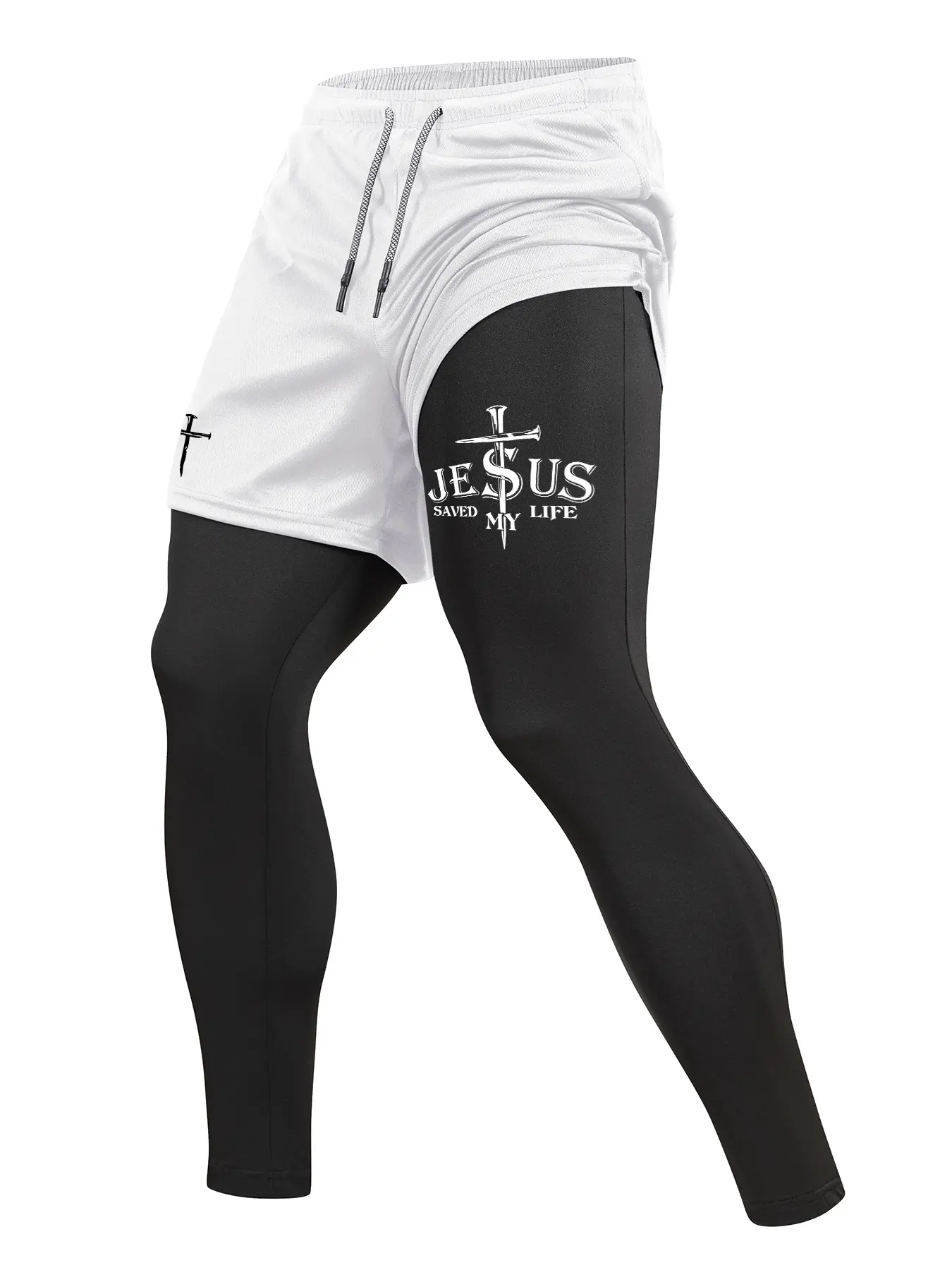 Men's Cross Letter Printed Sporty 2 in 1 Compression Pants, Quick Dry Athletic Sports Baselayer, Spring & Fall Gym Workout Fitness Running Tights Leggings with Phone Pocket, Zipper Pocket, Towel Loop, Tight Fitting Pants Athletic Sportswear