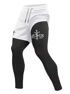 Men's Cross Letter Printed Sporty 2 in 1 Compression Pants, Quick Dry Athletic Sports Baselayer, Spring & Fall Gym Workout Fitness Running Tights with Phone Pocket, Zipper Pocket, Towel Loop, Sports Stretchy Leggings