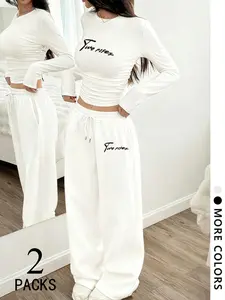 Y2K Campus Youth Handwriting Set, Back-To-School Casual Chic Two-Piece, Short Ruched Top & Wide Leg Pants, All Seasons