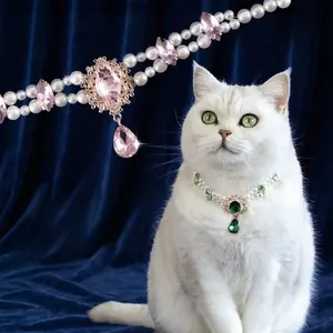 Rhinestones Dog Cat Collar Pearl Necklace Set, Adjustable Neck Strap Bling Full Diamond Crystal Cute Pearl Dog Collar for Small Girls Cats Puppy for Wedding Birthday Party (XS/S)