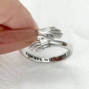 Hug Ring “Always with you” Adjustable Silver Jewelry Gifts for Women Men Girlfriend Boyfriend Anniversary Graduation Birthday Christmas Daily Couple Daughter Mom Grandma Mother's Day Dad Engraved Ring Statement Ring