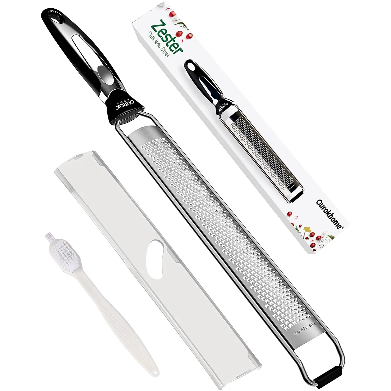 Ourokhome Kitchen Lemon Zester, Stainless Steel Hand Held Parmesan Cheese Grater for Ginger, Chocolate, Coconut, Lime, Nutmeg, Citrus, Fruit, Vegetable with Cleaning Brush, Dishwasher Safe, Black Ourokhome