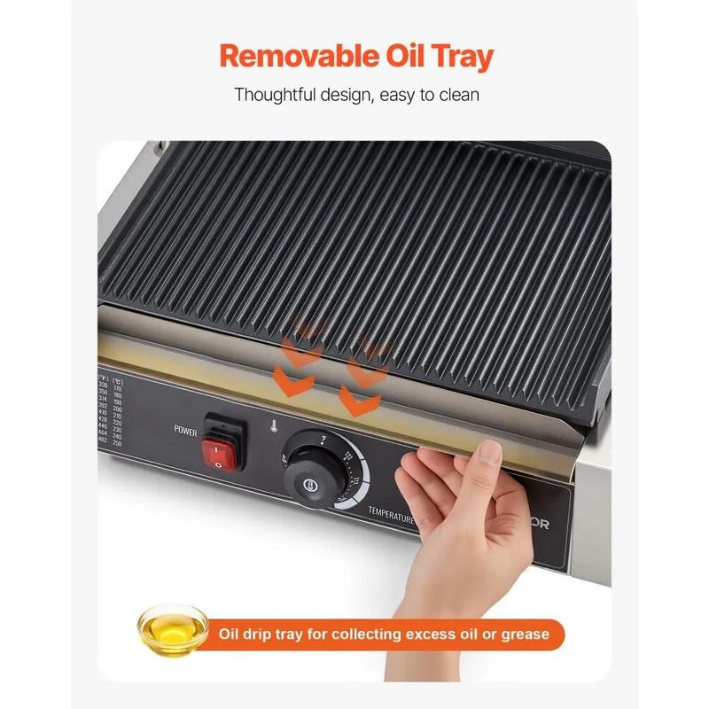 VEVOR Commercial Panini Grill,  , 1800W Electric Sandwich Panini Maker, Stainless Steel Sandwichs Press with Handle and Temp Control, 13.5x9.3 in Full Grooved Enamel Plate, for Hamburger Steak Bacon