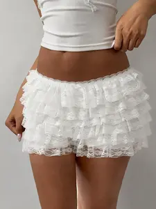 Women's Lace Trim Low-Waisted Slim Fit Short Skirt, Perfect for Daily Wear, Fashionable Comfortable Elegant Women's Clothing, Tiered Layer Skirt
