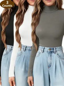 3 Counts Women's High Neck Long Sleeve Thermal Loungewear Tops,Casual Cute Tee,Trendy High Elasticity Basic Tops,Comfy Shirts,Soft Underwear, Warm Womenswear,Solid Color Basic Layer, Y2K Clothes, Suitable for Fashion Outing Wear, Lady