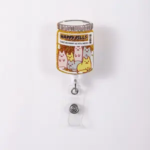 Creative Badge Reel Retractable Clip, Cat Tin 'happy Pills' Design, Healing Energy Filled Accessory, Perfect Gift Idea, Id Badge Holder