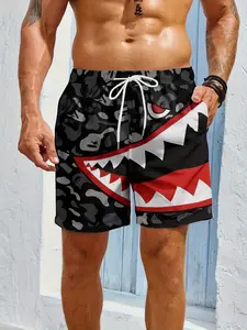 Men's Camo Shark Mouth Printed Beach Shorts, Quick-Dry Breathable Swim Trunks, Summer Casual Fitted Short Pants, Fashion Style
