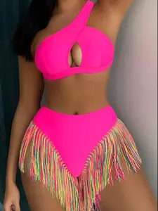 Women's Solid Color Tassel Trim Bikini Set, Casual Fashion Chic Swimsuit for Beach Holiday Vacation, Ladies Swimwear for All Seasons, Solid Bikinis