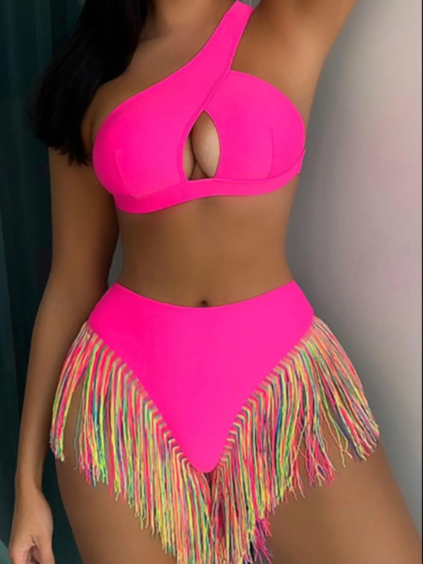 Women's Solid Color Tassel Trim Bikini Set, Casual Fashion Chic Swimsuit for Beach Holiday Vacation, Ladies Swimwear for All Seasons