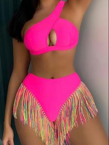 women's solid color tassel trim bikini set, casual fashion chic swimsuit for beach holiday vacation, ladies swimwear for all seasons, brazilian women bikini, swimsuit style bikini top trunks