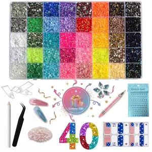 40000Pcs 40Colors Jelly Rhinestone & Resin Flat Back Rhinestones, Rhinestone Bedazzling Kit with Complete Tool Set, Free 2 Hair Clips,50 Half Round Pearls,5 Blue Rhombus Rhinestones, Star Stickers& Nail Tools for DIY Bedazzling Crafts,Nails,Shoes&Tumblers