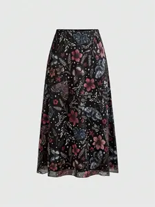 Women's Gothic Bat Skull Moon Pumpkin Print A-Line Skirt, Vintage Fairy Butterfly Moth Pattern, Versatile Punk Half-Sleeve Dress