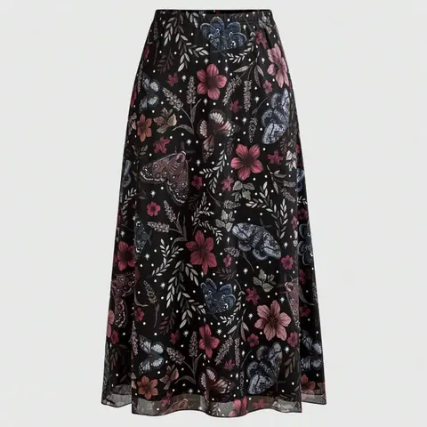 Women's Gothic Bat Skull Moon Pumpkin Floral Print A-Line Loose Skirt, Bohemian Style Skirt, Vintage Boho Bohemian Fairy Butterfly Moth Pattern, Versatile Punk Half-Sleeve Dress Womenswear