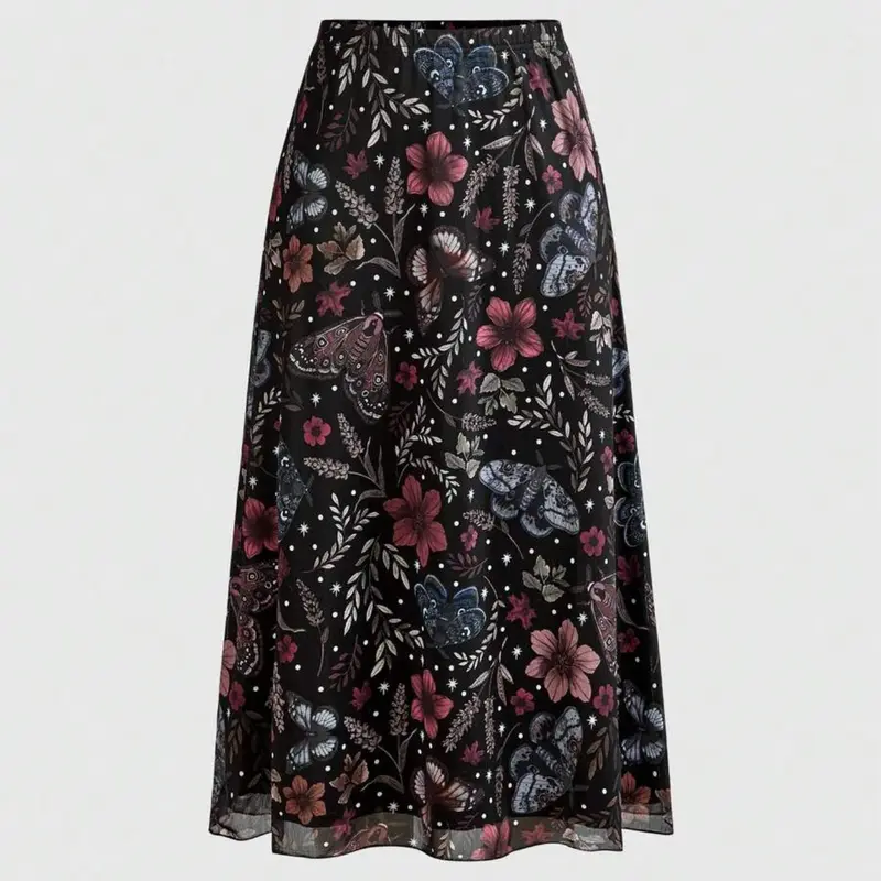 Women's Gothic Bat Skull Moon Pumpkin Floral Print A-Line Loose Skirt, Bohemian Style Skirt, Vintage Boho Bohemian Fairy Butterfly Moth Pattern, Versatile Punk Half-Sleeve Dress Womenswear