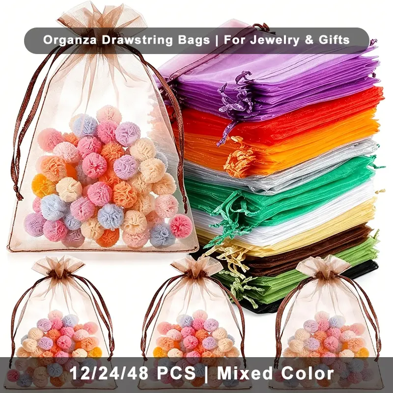 12/24PCS Mixed Color Organza Drawstring Gift Bags, Sheer Jewelry Pouch, Wedding Favor Candy Bags for Party Christmas DIY Craft, Goodie Bags
