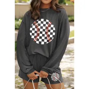 Corded Checkerboard Baseball Graphic Long Sleeve Top and Shorts Set