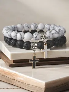 Natural Stone Couple Bracelet, Turquoise & Volcanic Stone Dual Material, Cross Pendant Necklace, Trendy Men's Jewelry Gift Idea