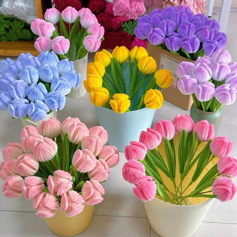 10pcs Pipe Cleaners Craft Supplies, DIY Tulip Bouquet Making Kit, Chenille Stems Flower Craft Kit Fuzzy Sticks Crafting Materials Bendable Wire Bulk for Art Classroom Mother’s Day Gift