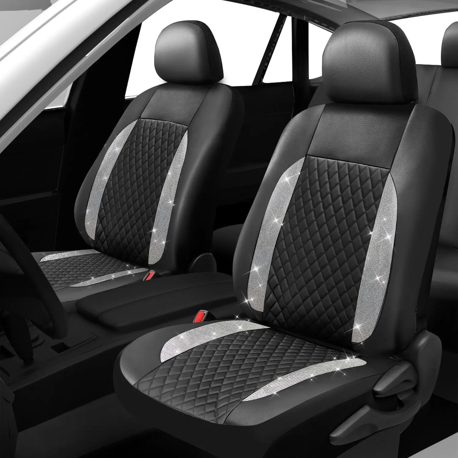 Universal 5 Seats Full Set Car Seat Covers, Waterproof PU Leather Cushion Protectors Diamond ,40/60 Split Front Rear Seat for Vehicles Sedans SUVs
