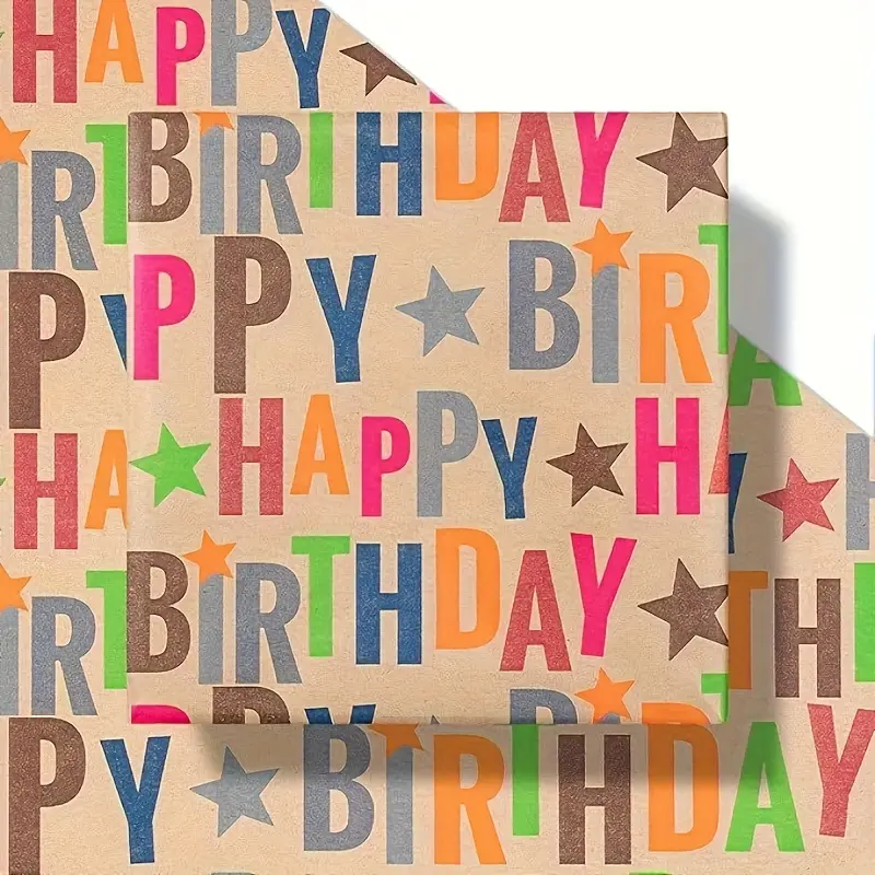 RUSPEPA Colorful "Happy Birthday" & Star Kraft Gift Wrap - Great for Boys, Girls, Birthday Parties, Holidays, Gift Wrapping
