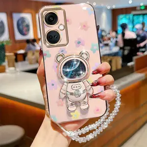 NordCE3Lite Elegant Plating Crystal Jewelry Strap Lanyard Phone Holder Case For Compatible With Oneplus Nord CE 3 Lite Colorful Flower Quicksand Astronaut Bear Stand Cover