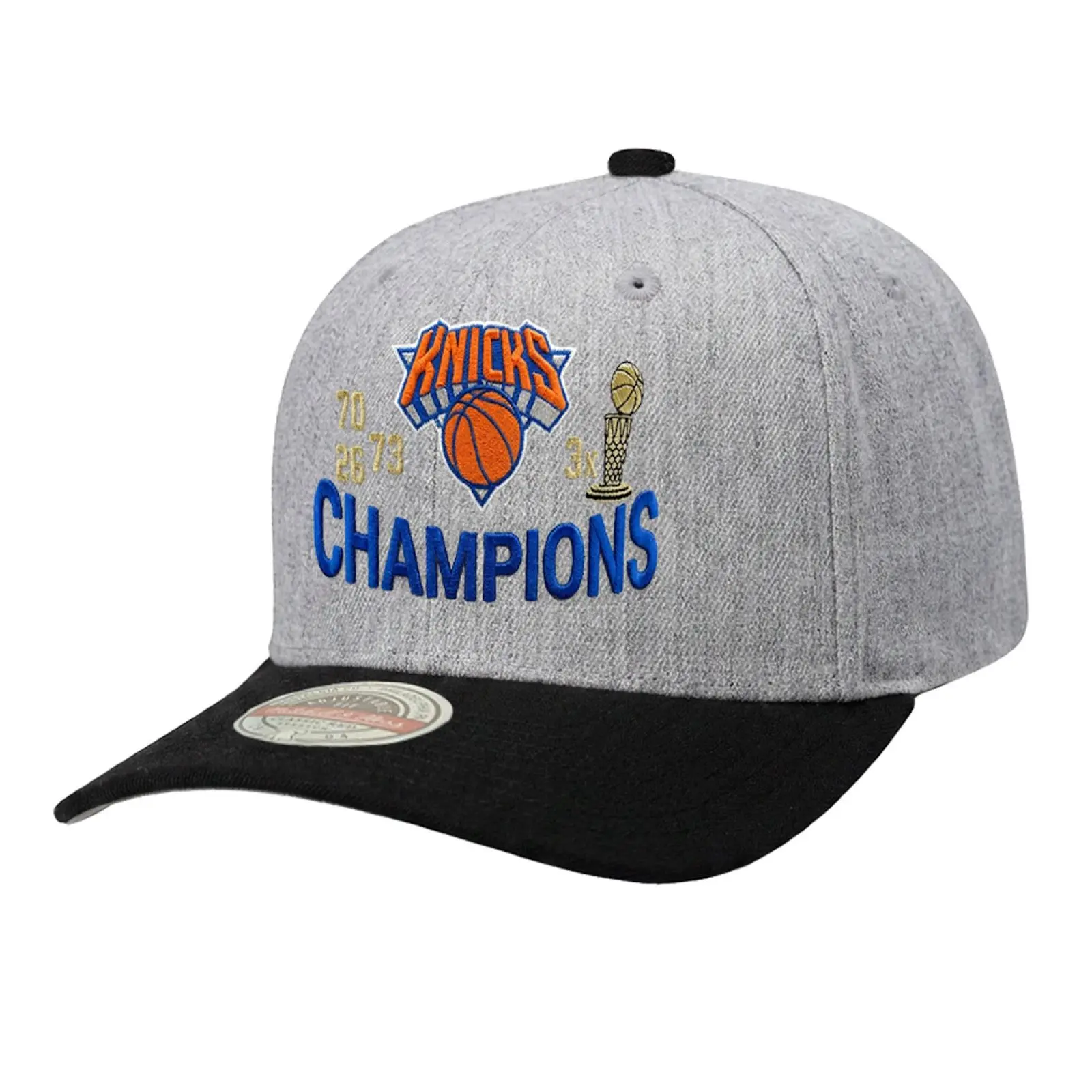 Mitchell & Ness New York Knicks Gray 3-Time NBA Finals Champions Logo Graphic Acrylic Snapback Hat - Adjustable Stretch Throwback Cap, Casual Hand Wash Only Fan Gear
