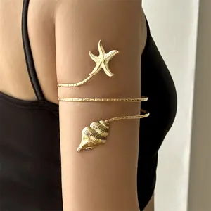 Boho Gold Color Starfish S Upper Arm Cuff Bracelet for Women Trendy Metal Conch Adjustable Open Bangle Beach Party Jewelry